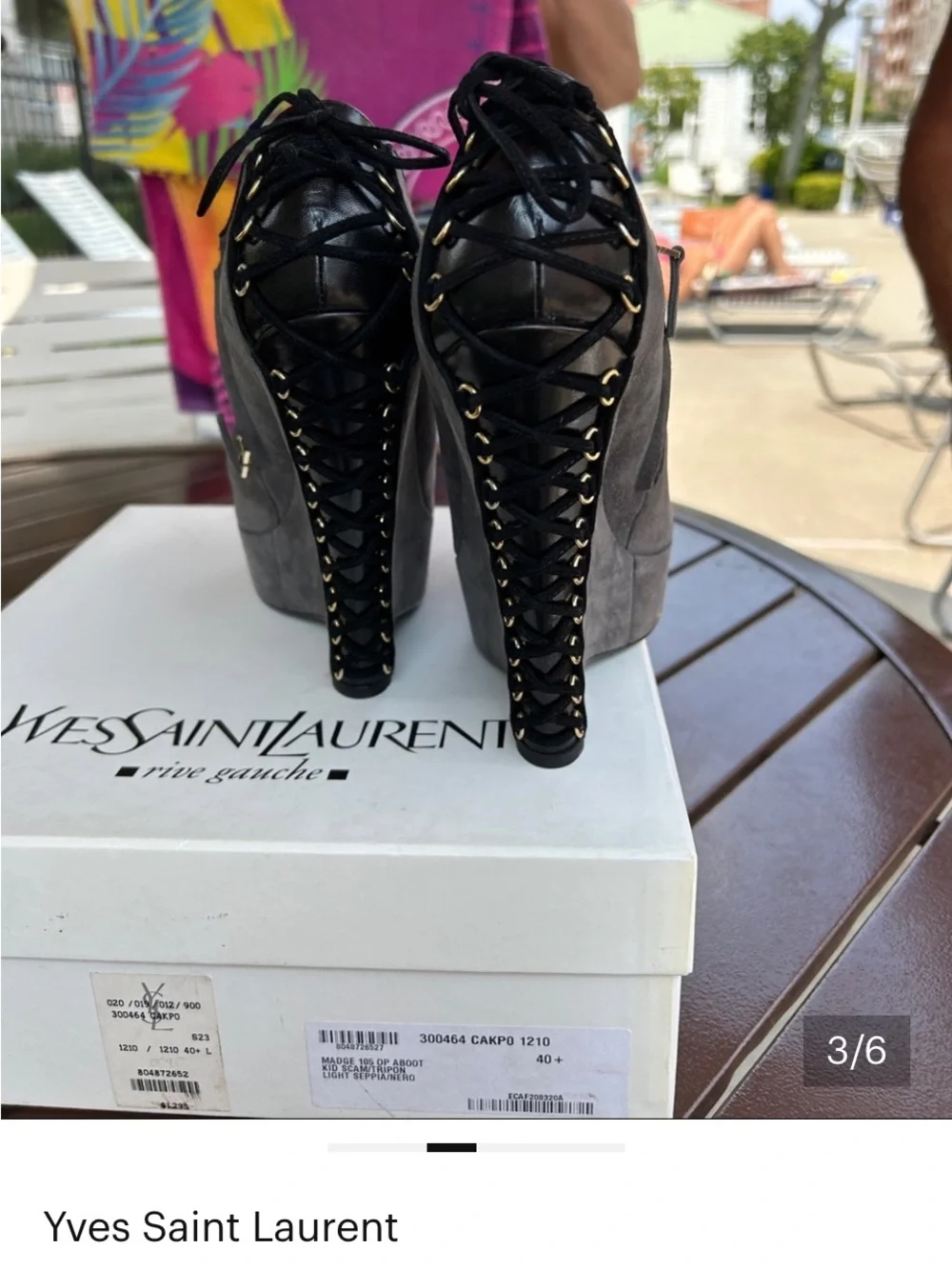 Yves Saint Laurent Gray Suede Peep-Toe Chain-Back Wedge Booties